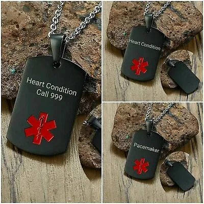 Heart Condition Angina Medical Alert Necklace Stainless Steel Chain Curb Dog Tag • £9.99