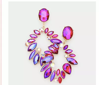 Fuchsia Earrings Purple Ab  Long Gold Large Dangle Pageant Rhinestone Crystal 3” • $16.20