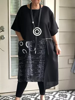 Lagenlook Boho Steampunk Artsy Long Tunic Dress Graphic Print+necklace New Plus • $110