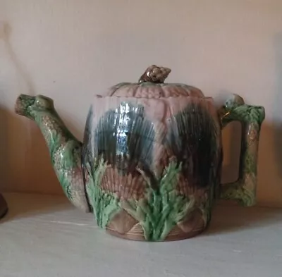 Antique Majolica Estruscan Shell & Seaweed Teapot Crooked SpoutVictorian Beauty • $115