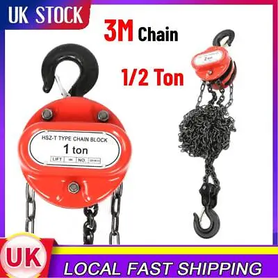 Chain Block Hoist 3 Meters 1/2 Ton Winch Manual Ratchet Chain Hoist Hook Steel • £31.99