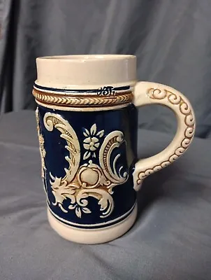Vintage Miniature German Beer Stein/mug With Images In Beige On Dark Blue  • $15.99