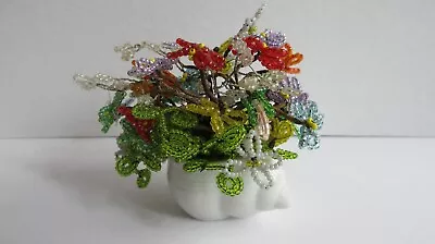 French Glass Beaded Flower Arrangement In Vintage Ceramic White Shell  Japan  • $27.99