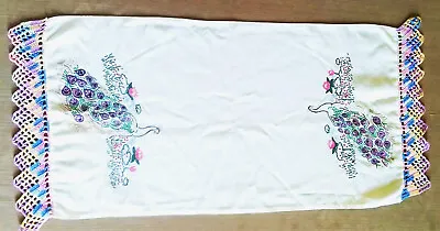 Vtg. Liquid Embroidered Peacocks Table Runner/Dresser Scarf W Crocheted Ends • $6.50