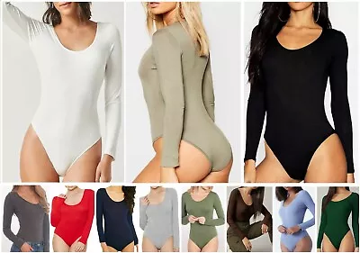 SALE Women's Ladies Hot Long Sleeve Bodysuit Top Scope Round Stretch Leotard UK • £7.99