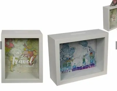 Travel Fund Wooden Money Box 2 Assorted Designs White Or Grey 20cm • $29.99
