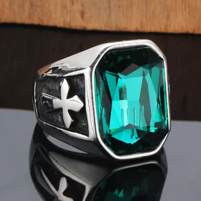 Vintage Cross Green CZ Inlay Wedding Biker Ring Stainless Steel Solid Size 7-13 • $12.98