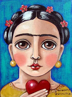 Mexican & Original Folk Art.  FRIDA KAHLO WITH HEART .  Stretched Canvas 5 X7  • $37.50