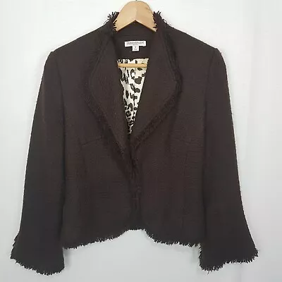 QUEENSPARK Size 8 Brown Tasseled Hem Cheetah Print Lined Suit Jacket • $17.95