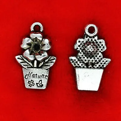 10 X Tibetan Silver Flower In Pot With Nature Sign Garden Theme Charms Pendants • £2.49