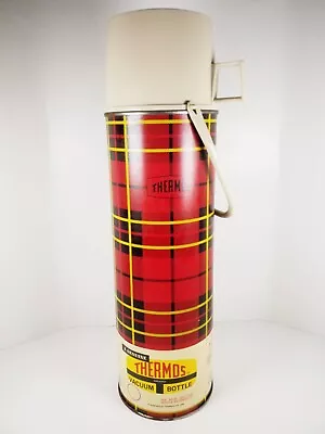 1964 Thermos Vaccum Bottle Quart Size Red Plaid W/ Handle King-Seeley 2242 • $29.99