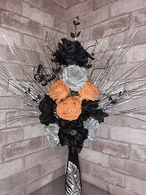 Artificial Silk Flower Arrangement Silver Black Orange Tall Vase Lights Up • £32.99