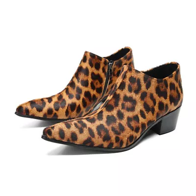 High Heel Leopard Printed  Pointed Shoes Mens Performance Banquet Zipper Boots • $168.99