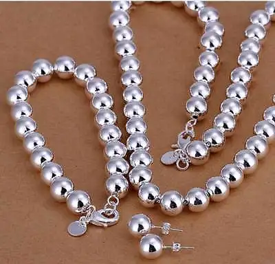 925Sterling Solid Silver 10MM Beads Bracelet Earrings Necklace Jewelry Sets S082 • $7.23