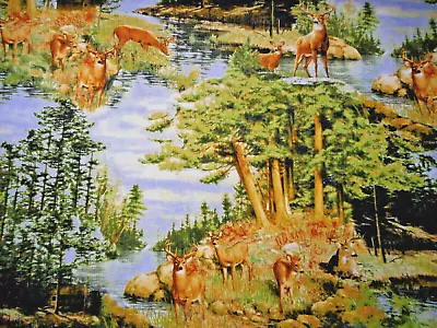 Quilt Fabric By Yard CLEARANCE Deer Lake Trees Log Cabin Scene Cotton #C • $7.99