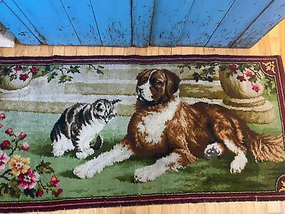 $168 • Buy Early Antique Victorian Axminster Wool Rug~Carpet St Bernard Dog Cat Floral