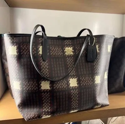 NWT Coach CM162 City Large Tote With Graphic/Brushed Plaid Print Gold/Brown Mult • $179