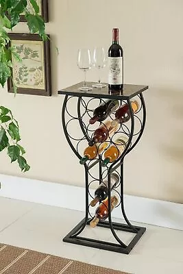  11 Bottle Free Standing Floor Wine Rack Table Black Metal & Faux Marble • $39.35