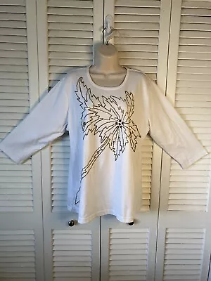 Quacker Factory White W/ Gold Beaded Palm Tree Front Jersey Knit Top XL • $26