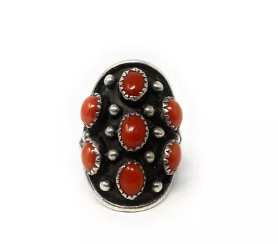 NATIVE AMERICAN JJM Stamp STERLING SILVER OLD PAWN RED CORAL CLUSTER RING Sz 9.5 • $140