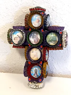 Wooden Bottle Caps Handmade Mexican Folk Art Primitive Cross Madonna Saints • $29.95