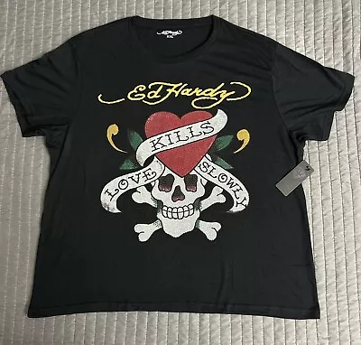Ed Hardy Rhinestone Love Kills Slowly Heart Skull T-Shirt Black Tee Size XXL • $35