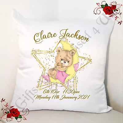 Personalised 18  Cushion - New Born Baby GIrl Gift - Moon Bear - Style 2 • £15.99