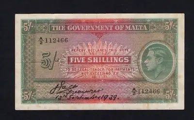 Malta:P-125 Shillings1939 * King George VI * VF * • $119.99