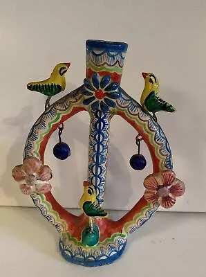 Vtg  Mexican Candelabra Tree Of Life Pottery Folk Art Candle Holder 6.5” X 4” • $85