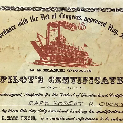 Vintage 1963 Disneyland SS Mark Twain Pilot's Certificate Rivers Of America • $61.25