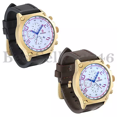 Luxury Mens Large Round Face Leather Band Business Quartz Wrist Watch With Date • $30.99