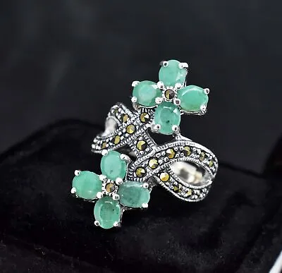 Natural Emerald 9.16Gm Twisted Flower Symbol 925 Sterling Silver Engagement Ring • $98.78