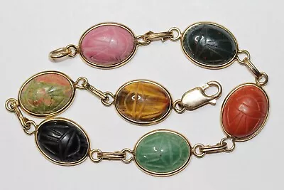 Vtg Signed 14K GF Gold Filled  7 Stone Scarab 9” Bracelet • $18.99