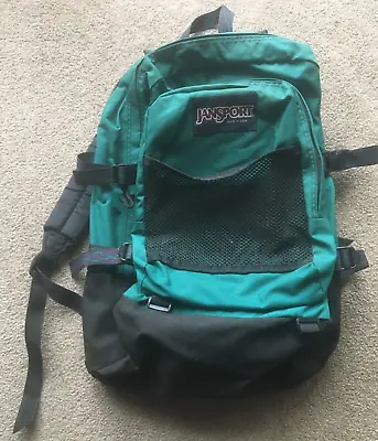 Vintage Jansport Backpack Dark Green Canvas Bottom Made In The USA 1990s Buckles • $28.99