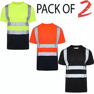 2 Pack Hi Viz Vis T-Shirt High Visibility Reflective Tape Safety Security Work • £18.95