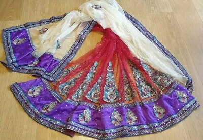 Red Beige Purple Net Velvet Saree Lehenga Wedding Party Bollywood Sari Lengha • £24.99