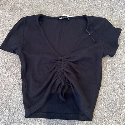Zara Black Cropped Skinny Ribb Top  - Small New With Tag • £4.50