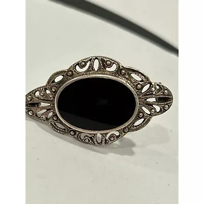 J248L. Antique Sterling Silver And Black Onyx Brooch • $28
