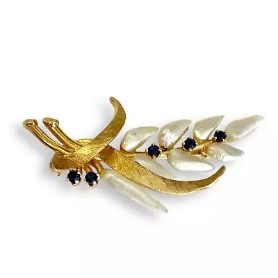 0.30 Cttw Blue Sapphire & Mississippi Pearl Brooch In 14K Yellow Gold • $400