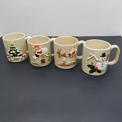 Vintage Otagiri 3D Christmas Mugs Cups Set Of 4 Santa Snowman Tree Reindeer 1981 • $49.95