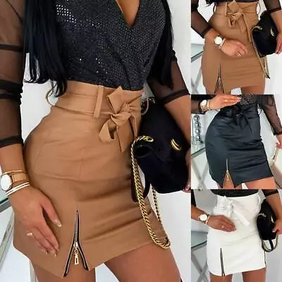 Womens High Waist PU Leather Zipper Skirts Wet Look Bodycon Clubwear Mini Dress • £3.39