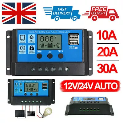 LCD 30A Solar Charger Controller PWM Dual USB Charge Regulator Panel 12/24V Auto • £7.99