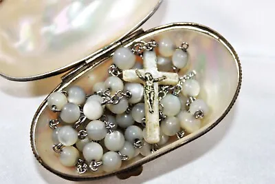 Vintage Catholic Rosary 8-10 Mm Mother Of Pearl Beads With MOP Shell Case 19  • $185