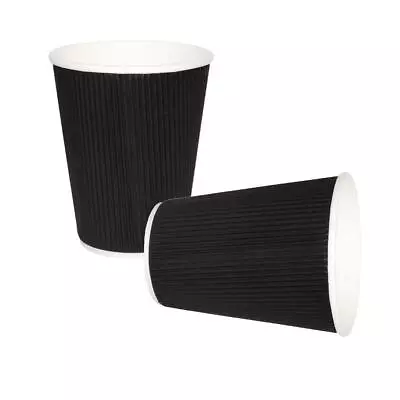 25x Disposable Hot Cups 12oz Black Single Wall Insulated Ripple Paper Coffee Cup • £6.25