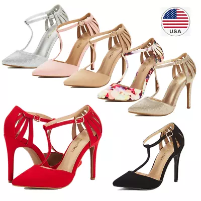 Women Stilettos High Heel Pointed Toe T-strap Wedding Party Dress Pump Shoes • $26.99