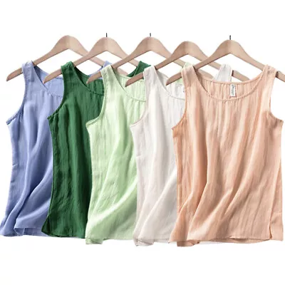 Women Cotton Linen Summer Tank Vest Shirt Sleeveless O Neck Tops Cami Blouse  • £7.88