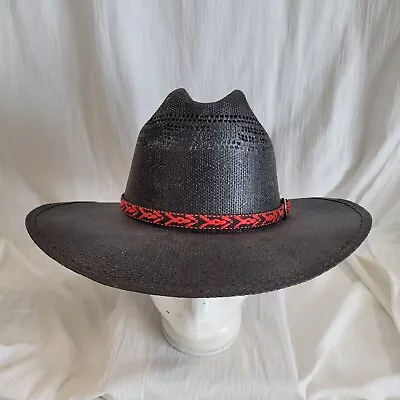 Bangora Black Straw Cattleman Cowboy Hat Size 7 5/8 ECV Red Hat Band • $45.99