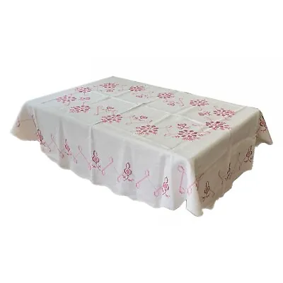 Linen Oval Cross Stitch Tablecloth Pink Embroidered 52x74 Vintage Cottage Core • $69.99