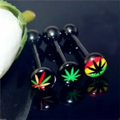 Tongue Bar Anodized Surgical Steel Black Pot Cannabis Leaf Logo Barbell 14g 16mm • £3.80