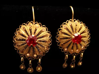 VTG 18 K GOLD FILIGREE VERMEIR EARRINGS DEEP RED ART GLASS SILVER OAXACA MEXICO • $72.91